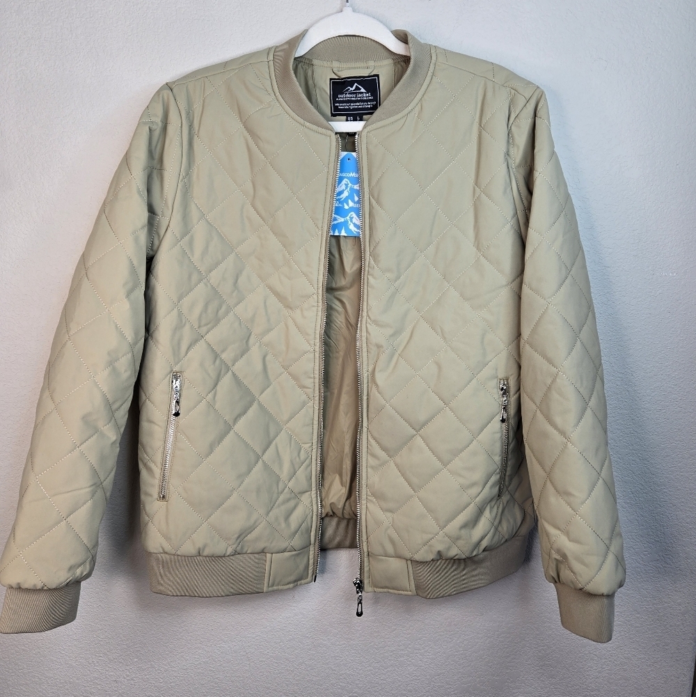 Magcomsen Women's Lightweight Jacket Sz L Khaki Beige Stitch Quilted Pockets - Picture 2 of 12
